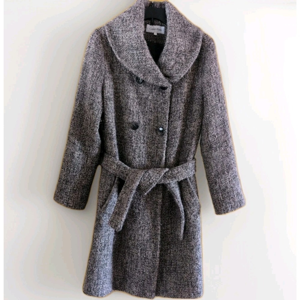 Calvin Klein Jacket Womens Sz 6 Wool Brown Tweed  Knit Shawl Collar‎ Belt GUC